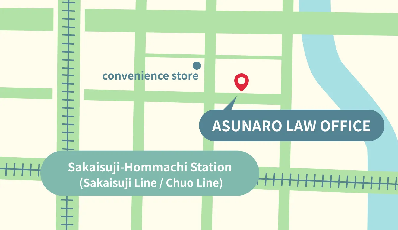 Map showing ASUNARO Law Office location near Sakaisuji-Hommachi Station